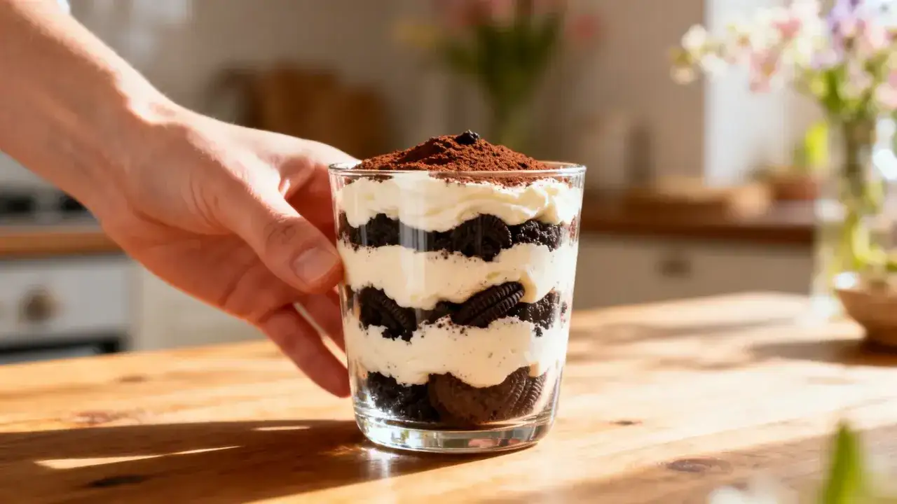 Un tiramisu gourmand en verrine, alternant biscuits au cacao et crème onctueuse. Une touche de cacao en poudre couronne ce délice.