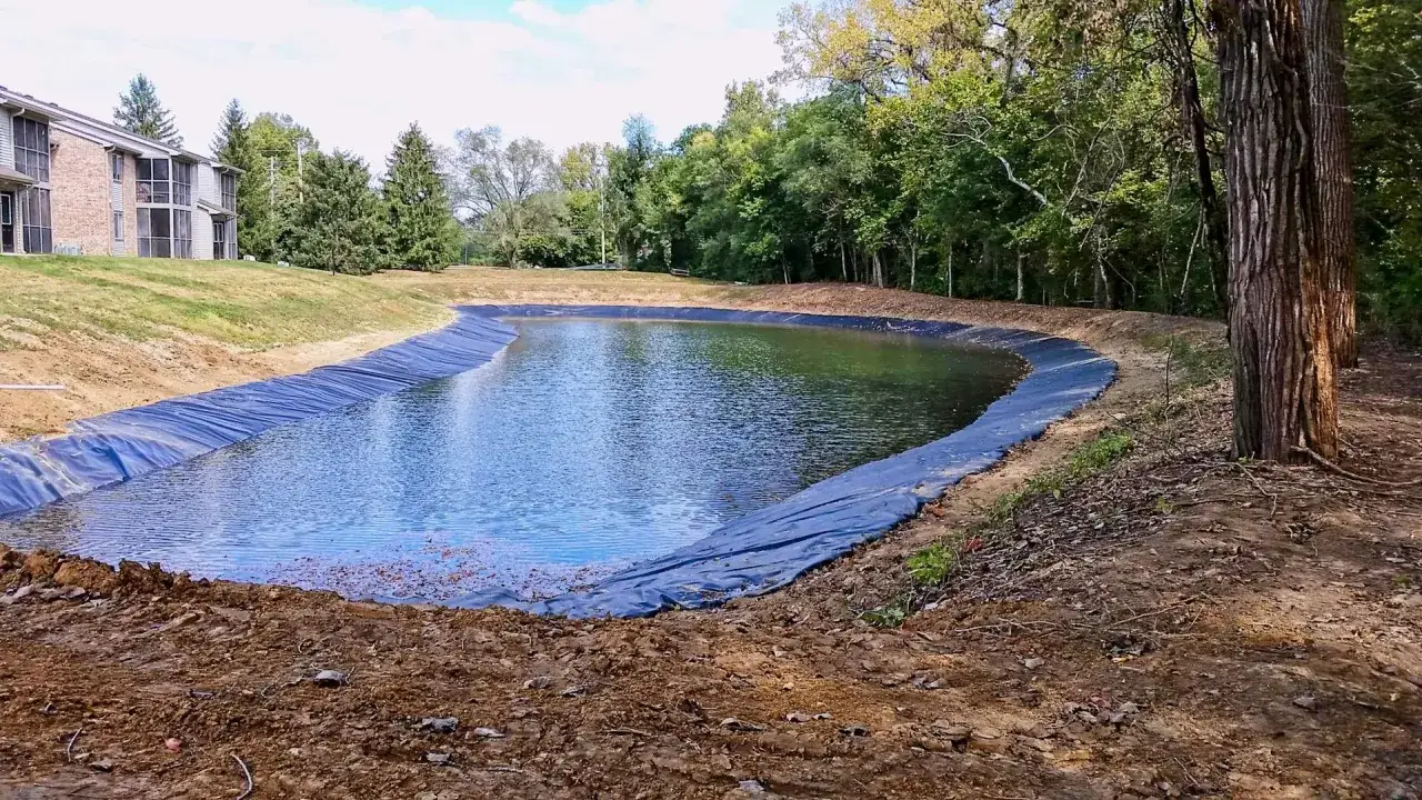 Le chantier de création d'un bassin est en cours. L'eau reflète le ciel bleu et les arbres environnants.