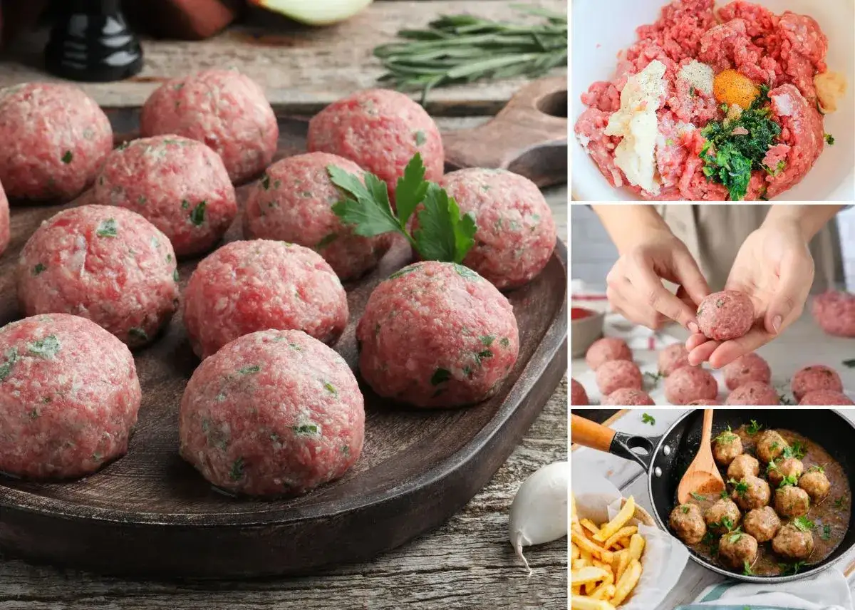 Pasos para hacer albóndigas: mezcla de carne, formación de bolas y cocción en salsa.