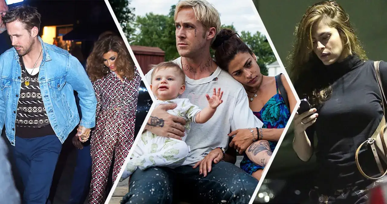 Ryan Gosling barn med familjen. En bild visar paret som h&aring;ller varandra i handen, en annan visar Ryan Gosling som h&aring;ller ett barn, och den tredje visar Eva Mendes som tittar p&aring; sin telefon.