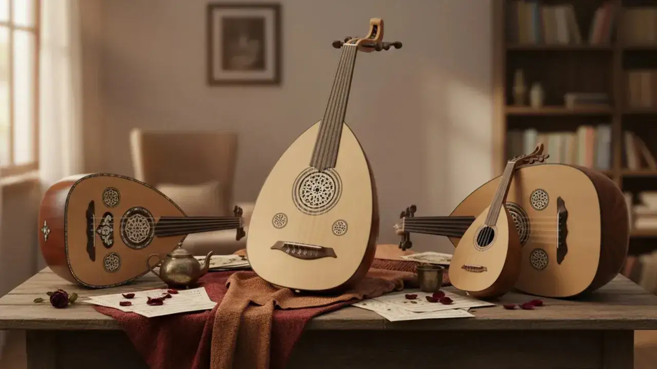 Trois oud, instruments de musique anciens, reposent sur une table en bois. Des partitions, une rose et des p&eacute;tales pars&egrave;ment la sc&egrave;ne, &eacute;voquant une m&eacute;lodie intemporelle.