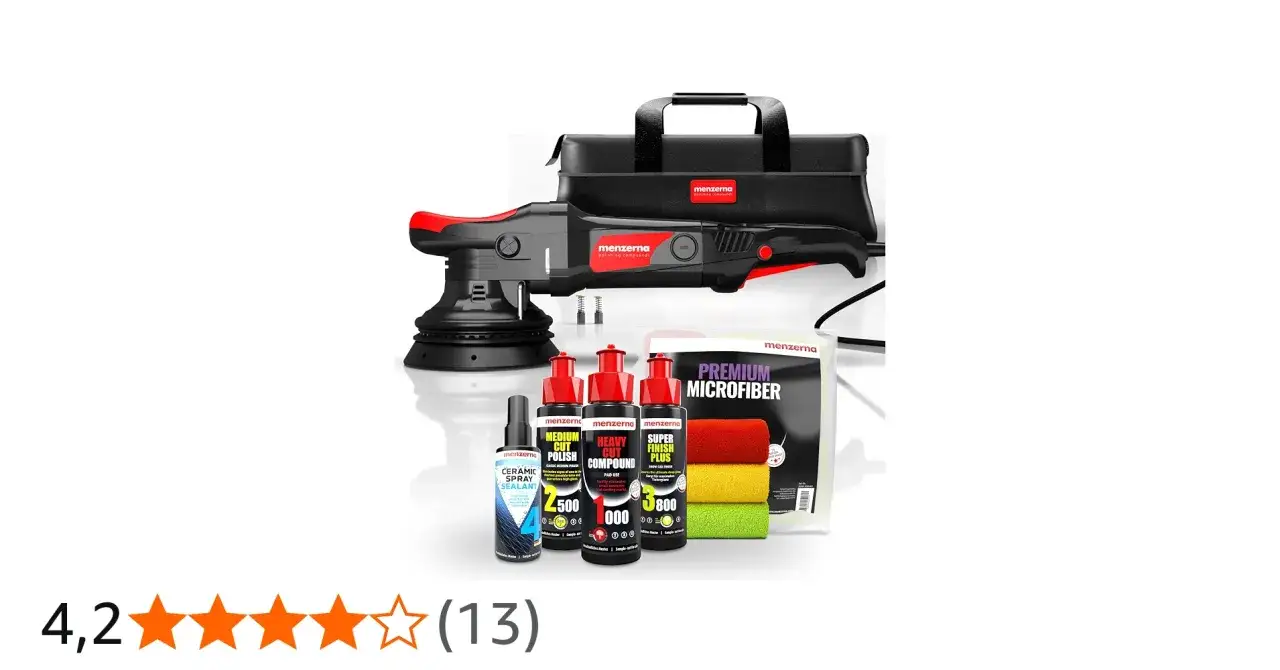 Poleringskit med Menzerna 3 in 1 polermedel, polermaskin, mikrofiberdukar och keramiskt skydd f&ouml;r en perfekt finish.