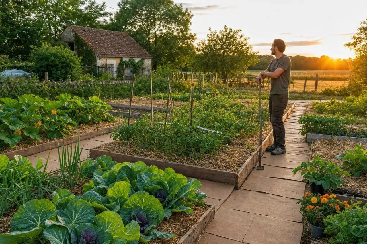 Un jardinier contemple son potager luxuriant au coucher du soleil. Il utilise du vinaigre blanc désherbant pour maintenir ses cultures saines.