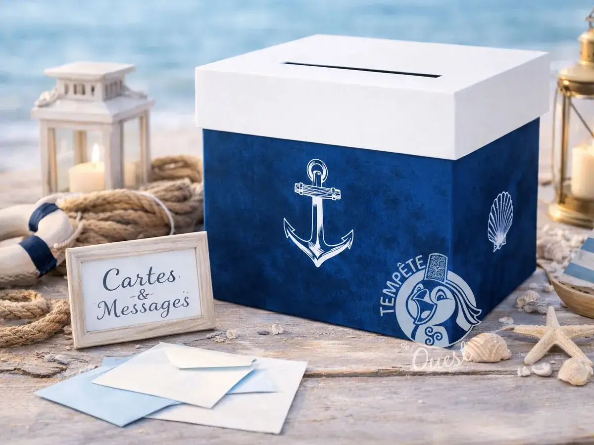 Urne th&egrave;me mer bleue avec ancre et coquillage. Sur la table, des cartes et messages, des enveloppes, une bou&eacute;e, une lanterne et des &eacute;toiles de mer.