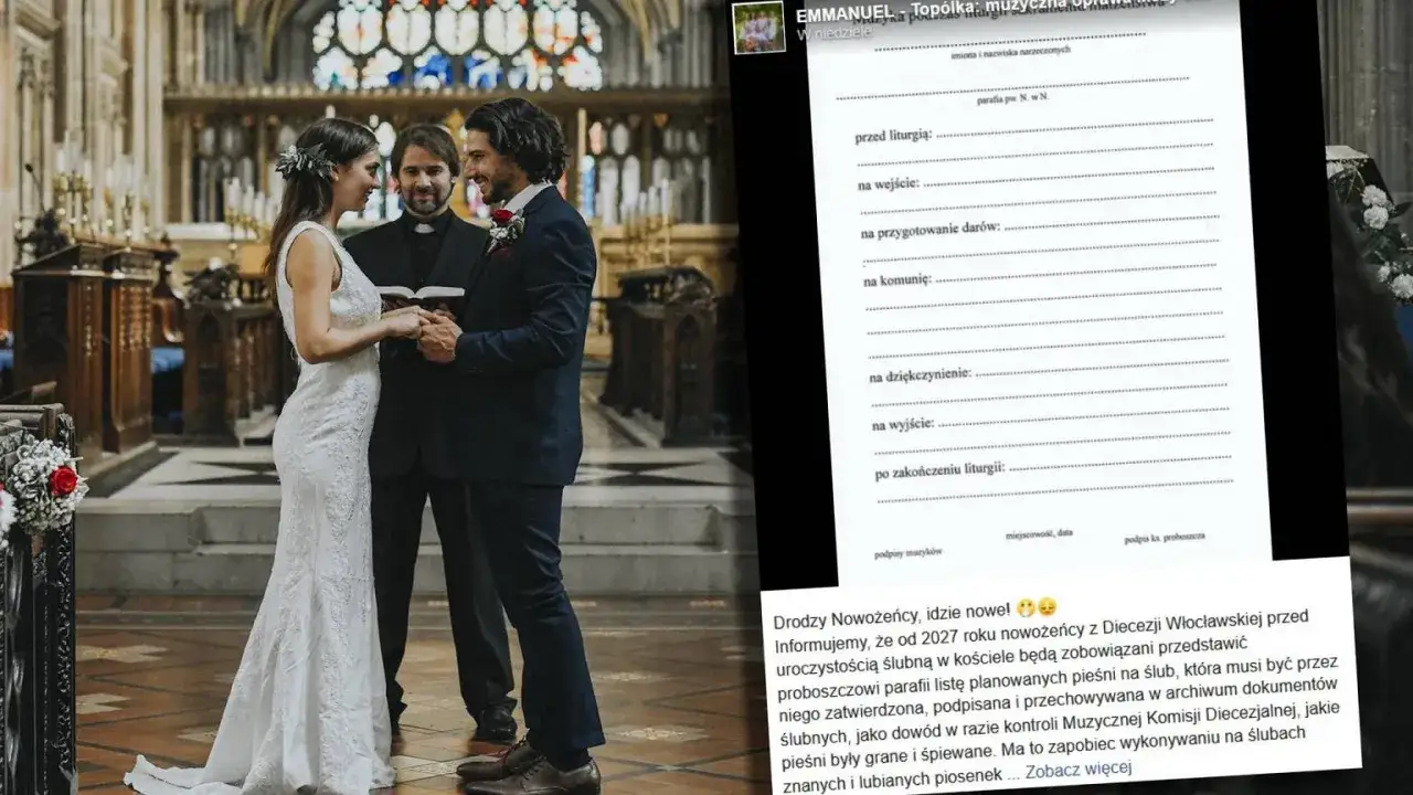 Ślubna lista pieśni liturgiczne w kościele. Nowożeńcy muszą ją przedstawić proboszczowi do zatwierdzenia.