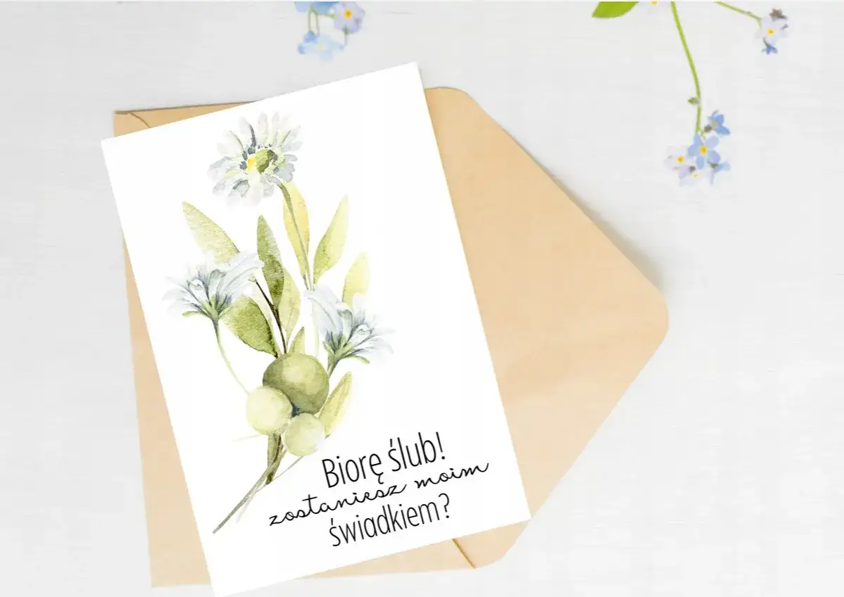 Biorę ślub! Zostaniesz moim świadkiem? - prośba o świadkowanie na karcie z akwarelowym bukietem.