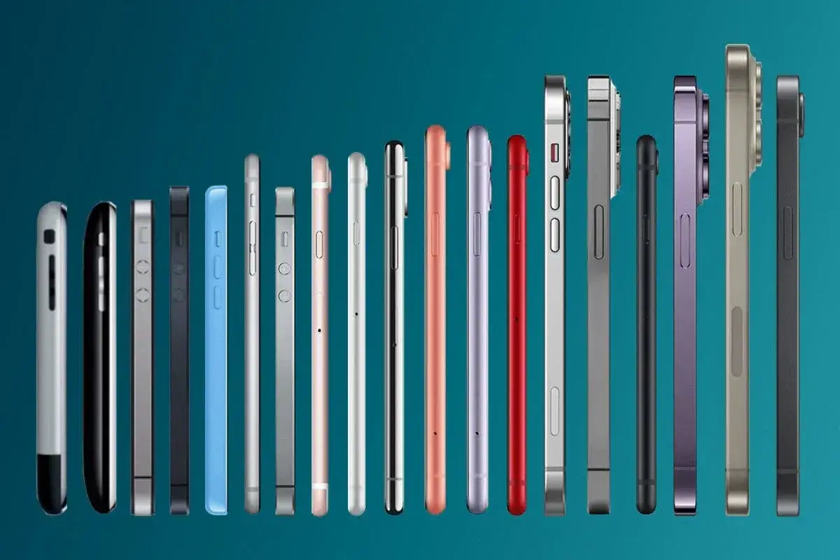 Une collection de tout les iPhone, du premier au plus r&eacute;cent, align&eacute;s par taille et couleur sur fond bleu.
