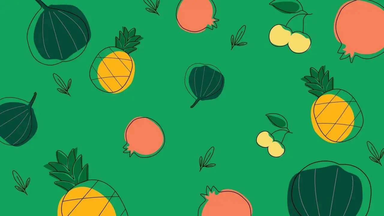 Un pattern vivace con fichi verdi, ananas gialli, melograni arancioni e ciliegie gialle. Un'esplosione di frutta in inglese su sfondo verde.