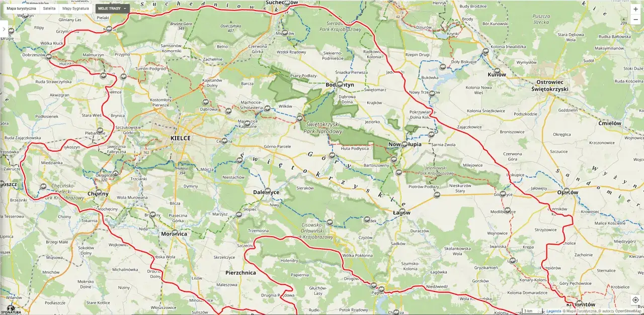 Trasy rowerowe i piesze w Górach Świętokrzyskich, z zaznaczonymi Kielcami, Ostrowcem Świętokrzyskim i parkami krajobrazowymi.