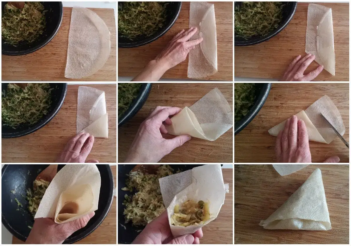 &Eacute;tapes pour plier une feuille de p&acirc;te pour une recette samoussa. La garniture est visible dans un bol.