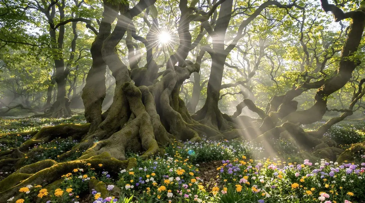 Rayons de soleil per&ccedil;ant la canop&eacute;e d'une for&ecirc;t de Broc&eacute;liande, illuminant des arbres aux racines noueuses et un tapis de fleurs sauvages.