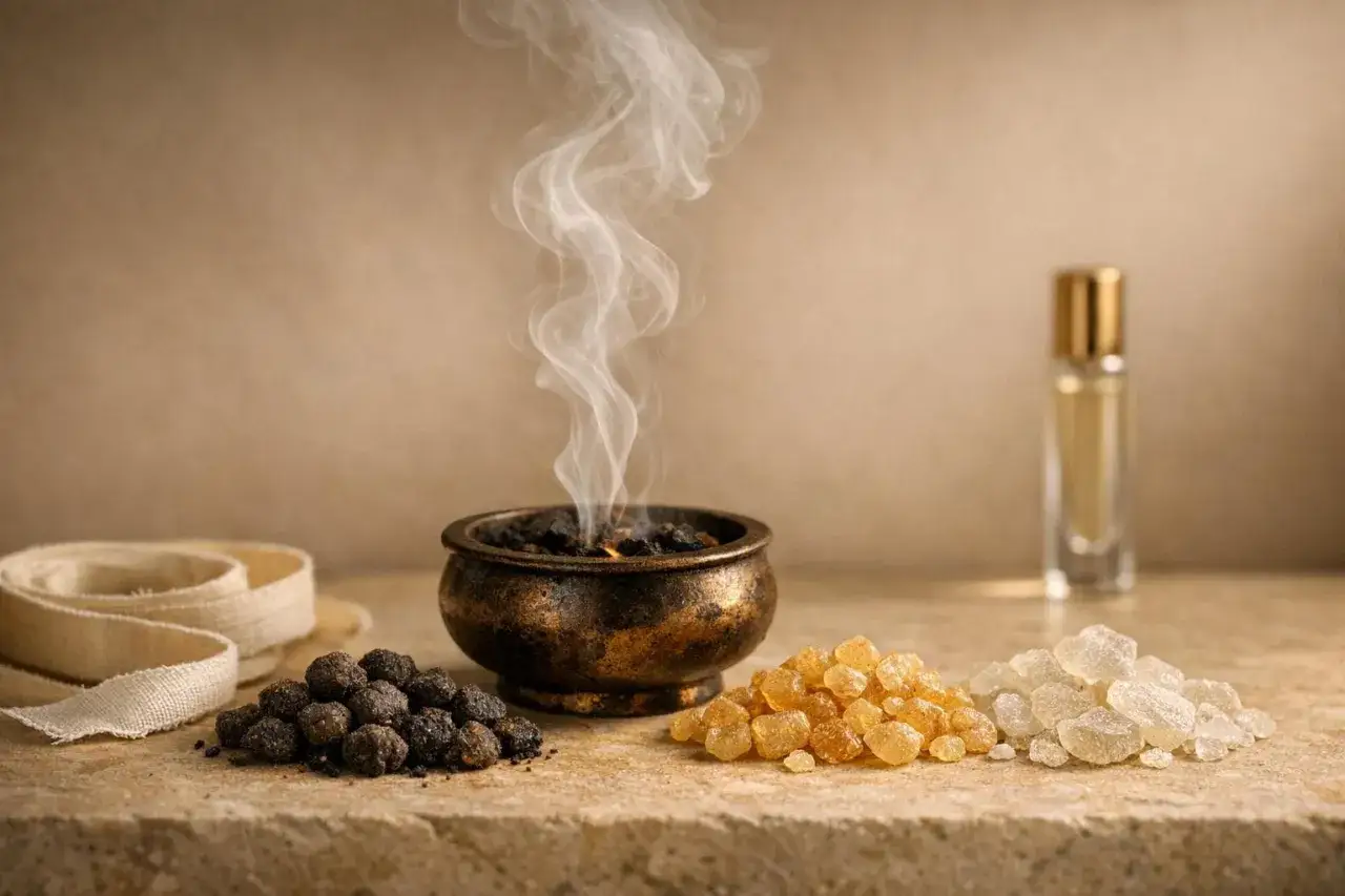 Incense burns, releasing fragrant smoke. Piles of frankincense resin and peppercorns hint at its rich meaning and ancient uses.