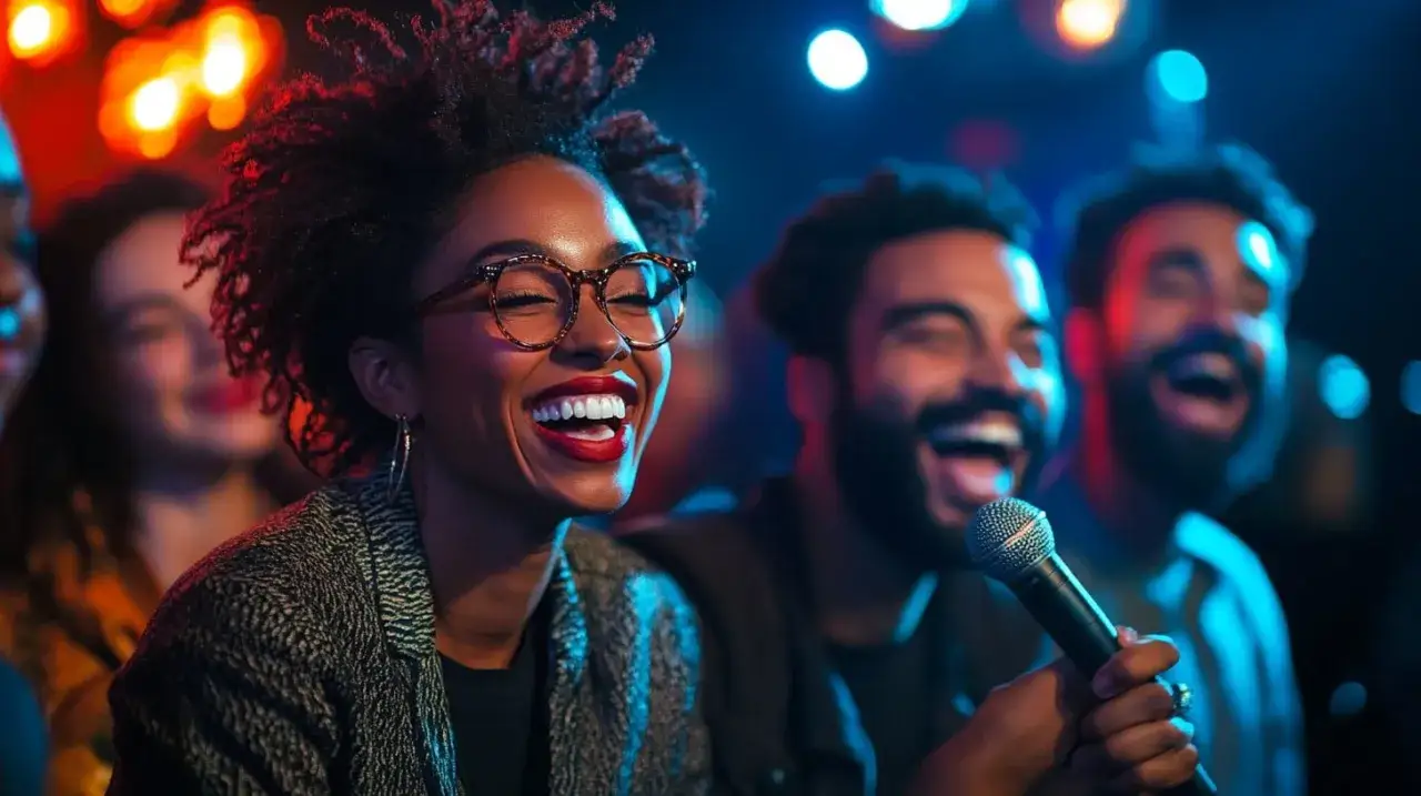 Eine Frau lacht ausgelassen, w&auml;hrend sie mit Freunden Karaoke-Songs singt. Die bunte Beleuchtung und die fr&ouml;hliche Stimmung machen den Abend unvergesslich.