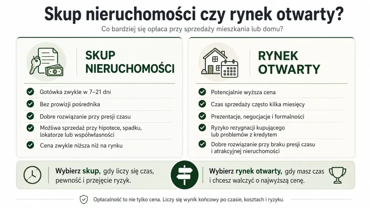 Porównanie skupu nieruchomości i rynku otwartego. Wybierz skup, gdy liczy się czas, lub rynek otwarty, gdy chcesz walczyć o cenę swojego domu czy mieszkania.