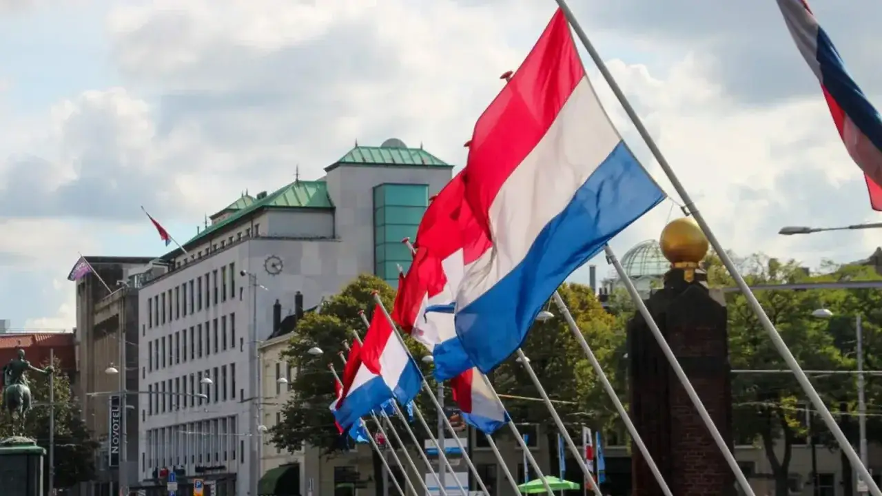Holandia: flaga kraju, budynki, drzewa. Sytuacja, gdy agencja pracy nie wypłaca pieniędzy, jest frustrująca.