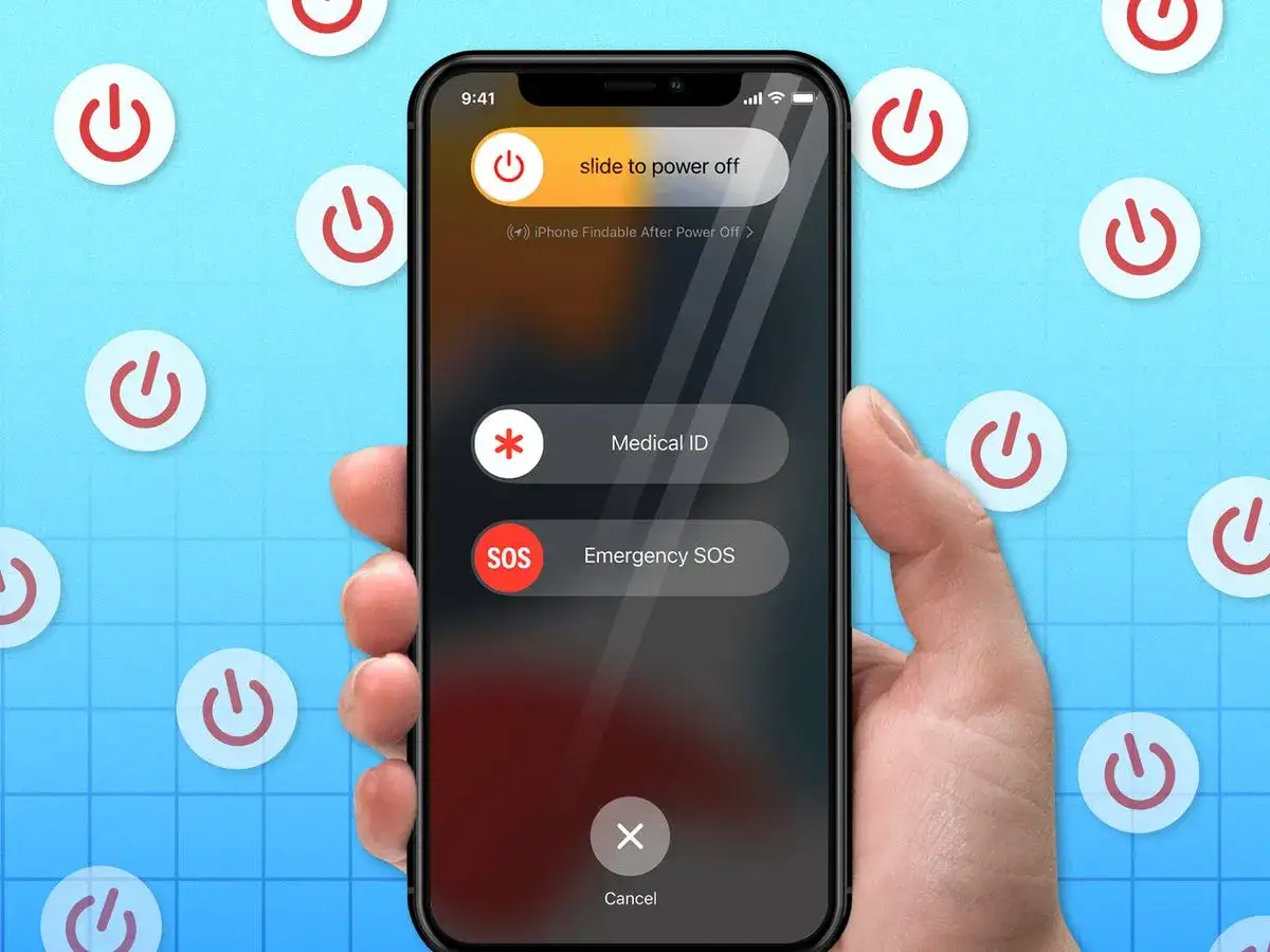 iPhone SE Neustart: Ein Finger h&auml;lt das Smartphone, auf dem der Bildschirm zum Ausschalten angezeigt wird. Kleine Power-Symbole umgeben das Ger&auml;t.