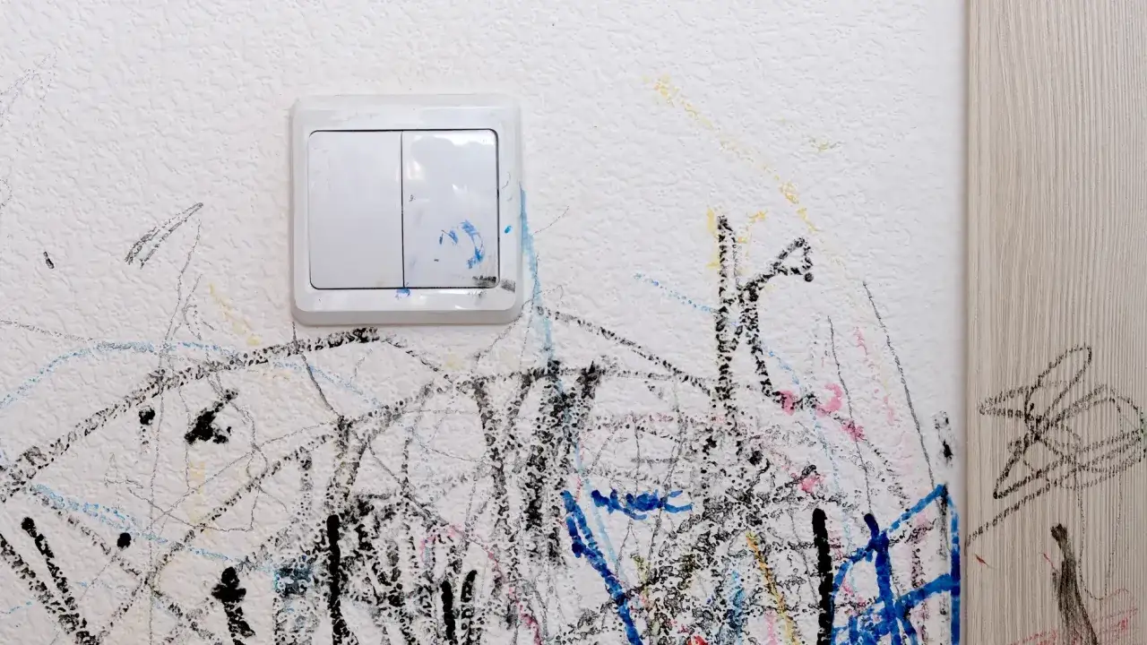 Pared blanca con dibujos infantiles a l&aacute;piz y crayones. Un interruptor blanco manchado. &iquest;C&oacute;mo limpiar paredes blancas?