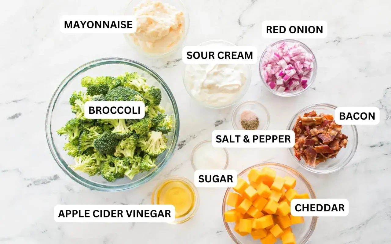 Ingredientes para una ensalada de brócoli: brócoli fresco, tocino crujiente, queso cheddar, cebolla roja, mayonesa, crema agria, vinagre de sidra de manzana, azúcar, sal y pimienta.