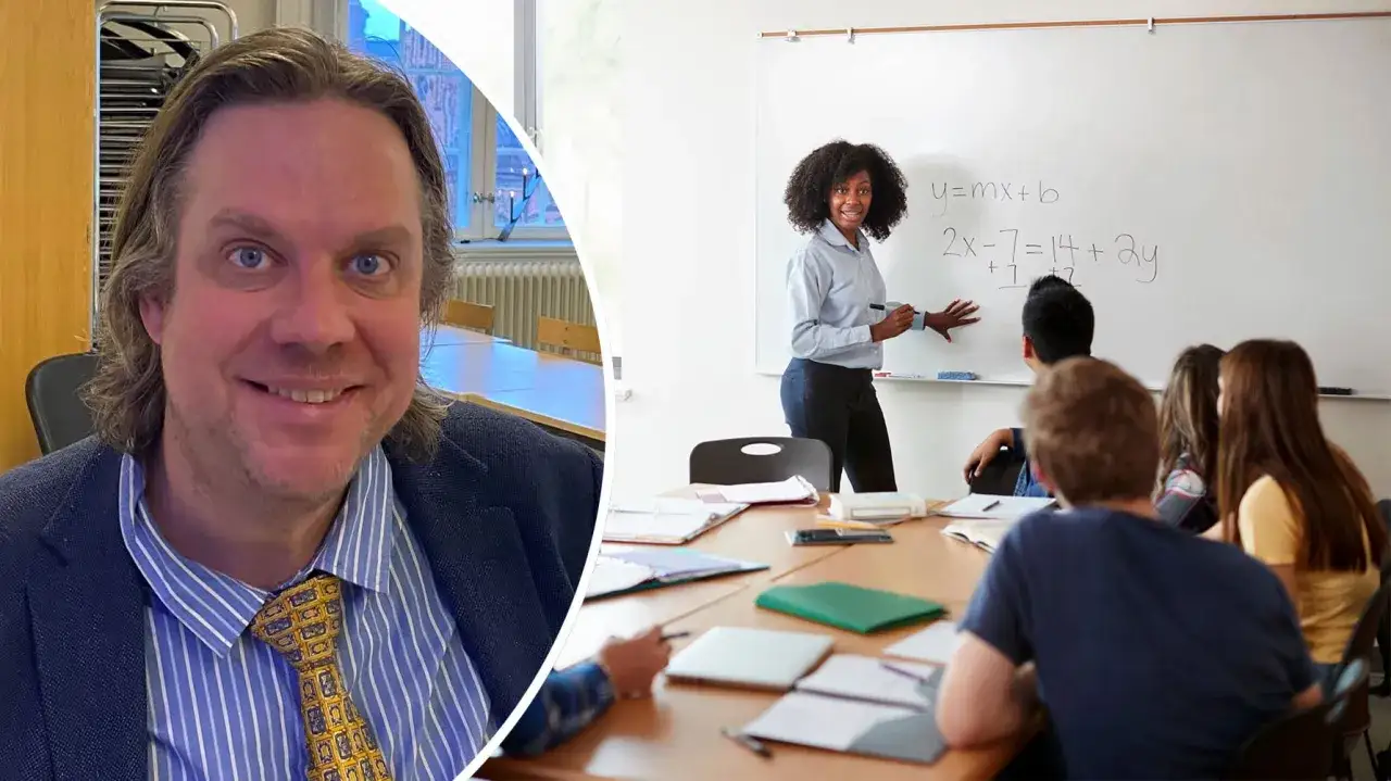 Man ler mot kameran, till höger en lektion i matematik på gymnasiet.