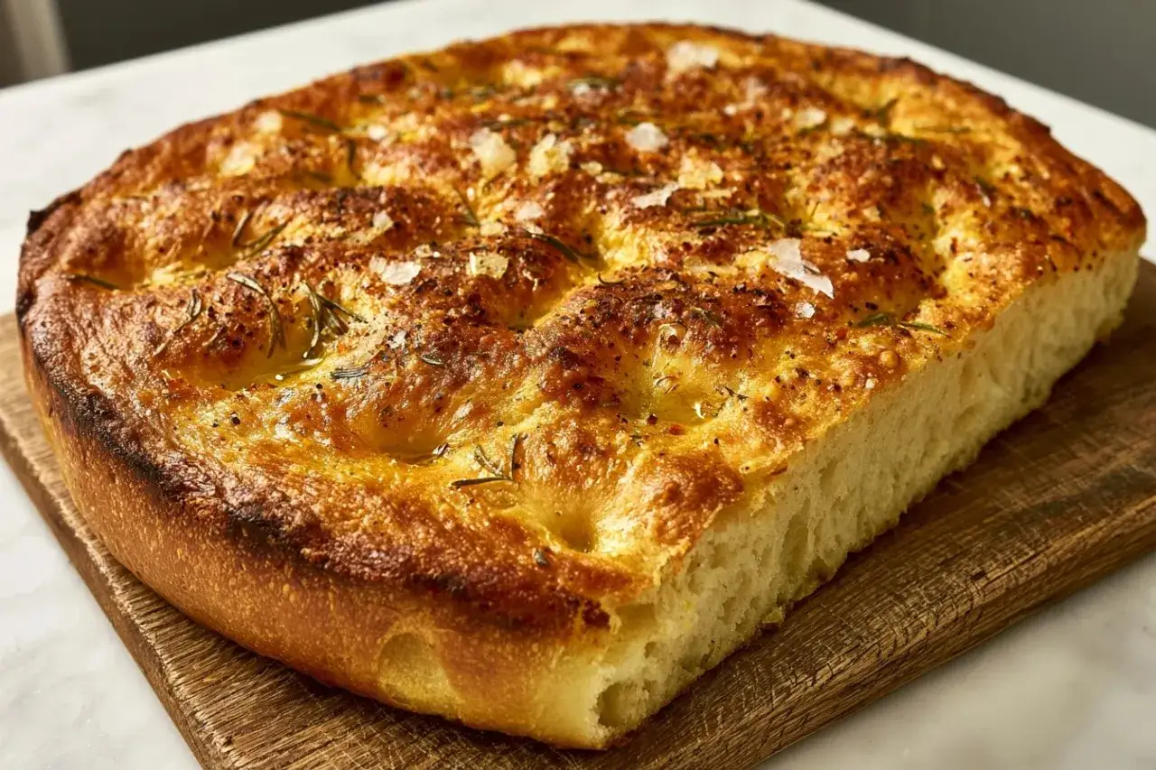 En gyllene, fluffig focaccia med rosmarin och flingsalt, perfekt f&ouml;r ditt n&auml;sta focaccia recept.