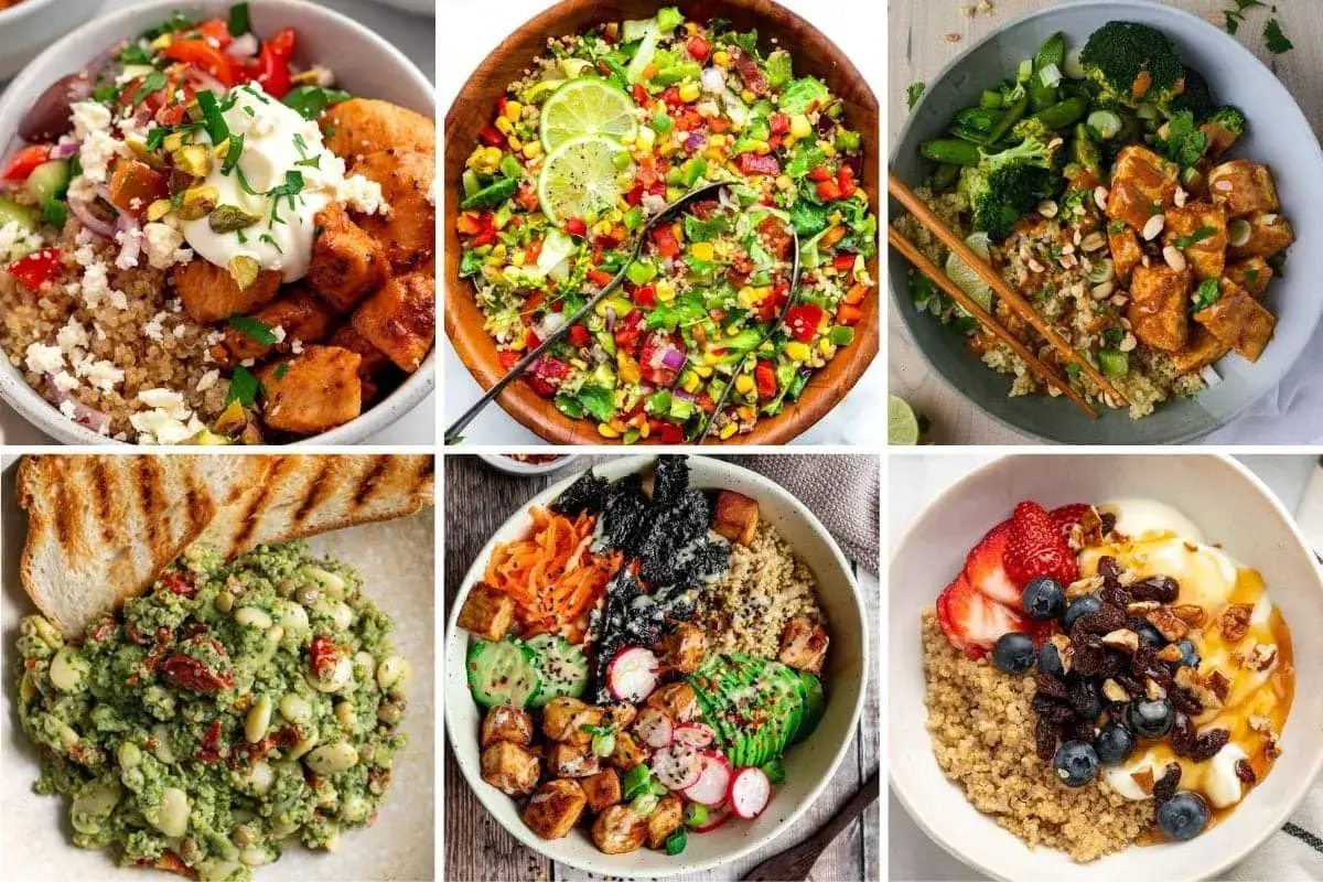 Seis deliciosos platos con quinoa, destacando sus vers&aacute;tiles propiedades nutricionales en ensaladas, bowls y desayunos.