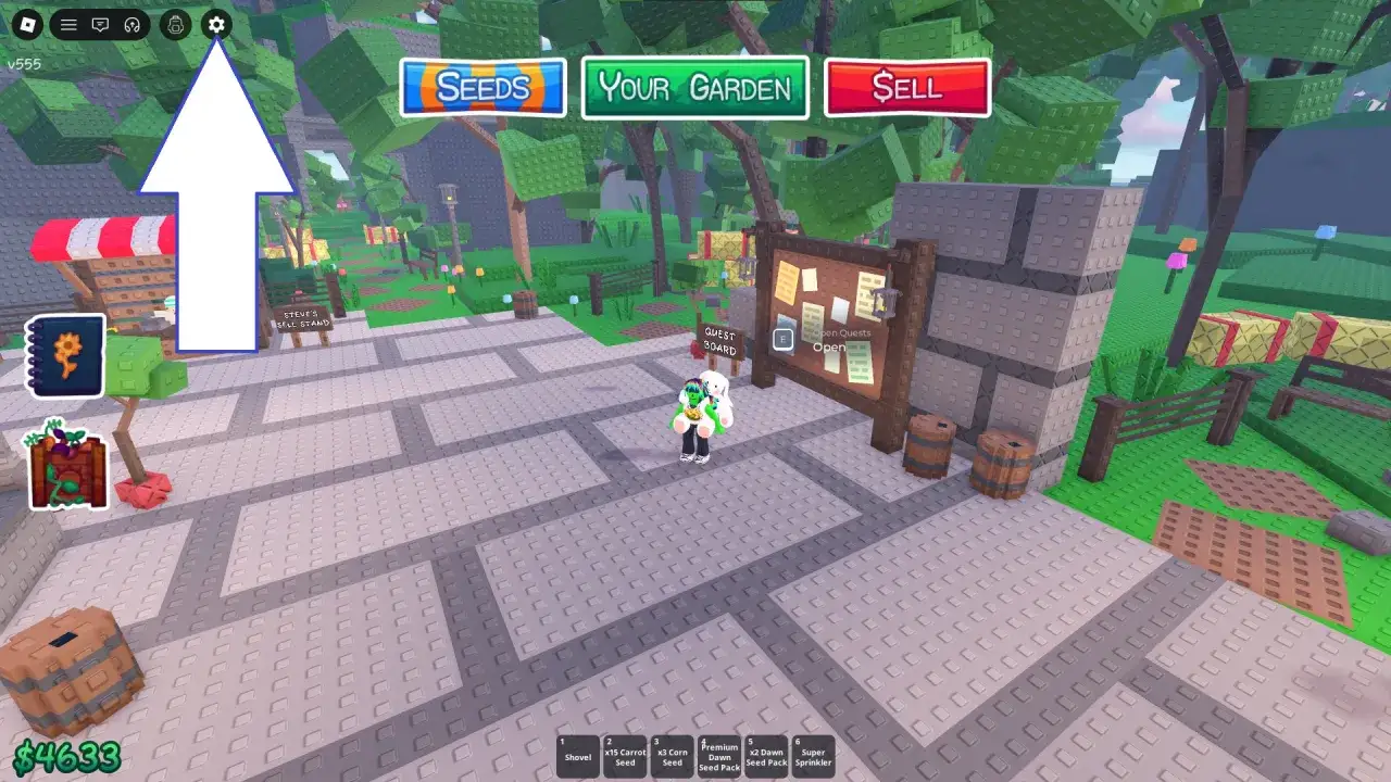 W grze Roblox, gracz może zdobyć kody do grow a garden, aby rozwijać swoją farmę. Widoczny jest interfejs z opcjami 