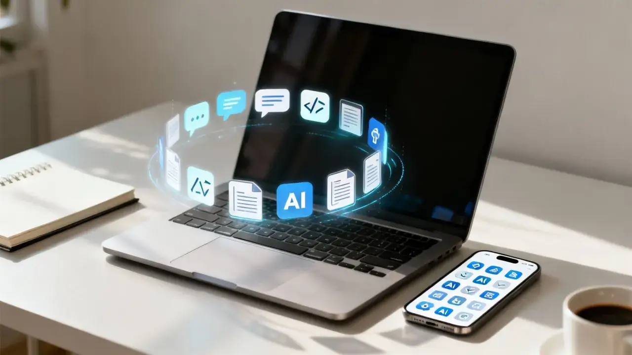 Laptop i smartfon z ikonami symbolizującymi funkcje aplikacji AI, otoczone cyfrowym kręgiem.