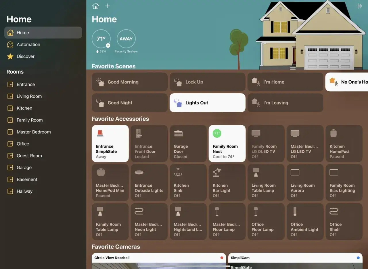 Die Apple Home App zeigt ein Haus mit verschiedenen Geräten und Szenen.