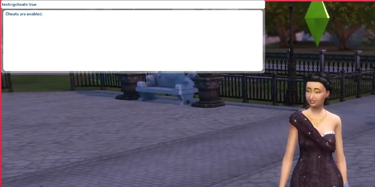 Simka w eleganckiej sukni, z włączonymi kodami do The Sims 4, gotowa na poprawienie relacji.