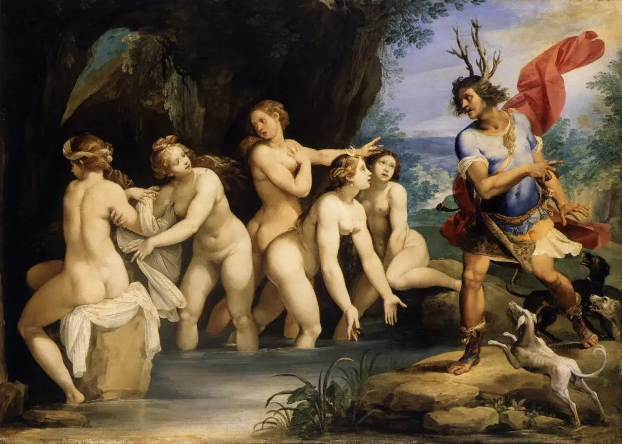 Diane et Actéon surpris au bain. Le chasseur, transformé en cerf, découvre la déesse et ses nymphes.
