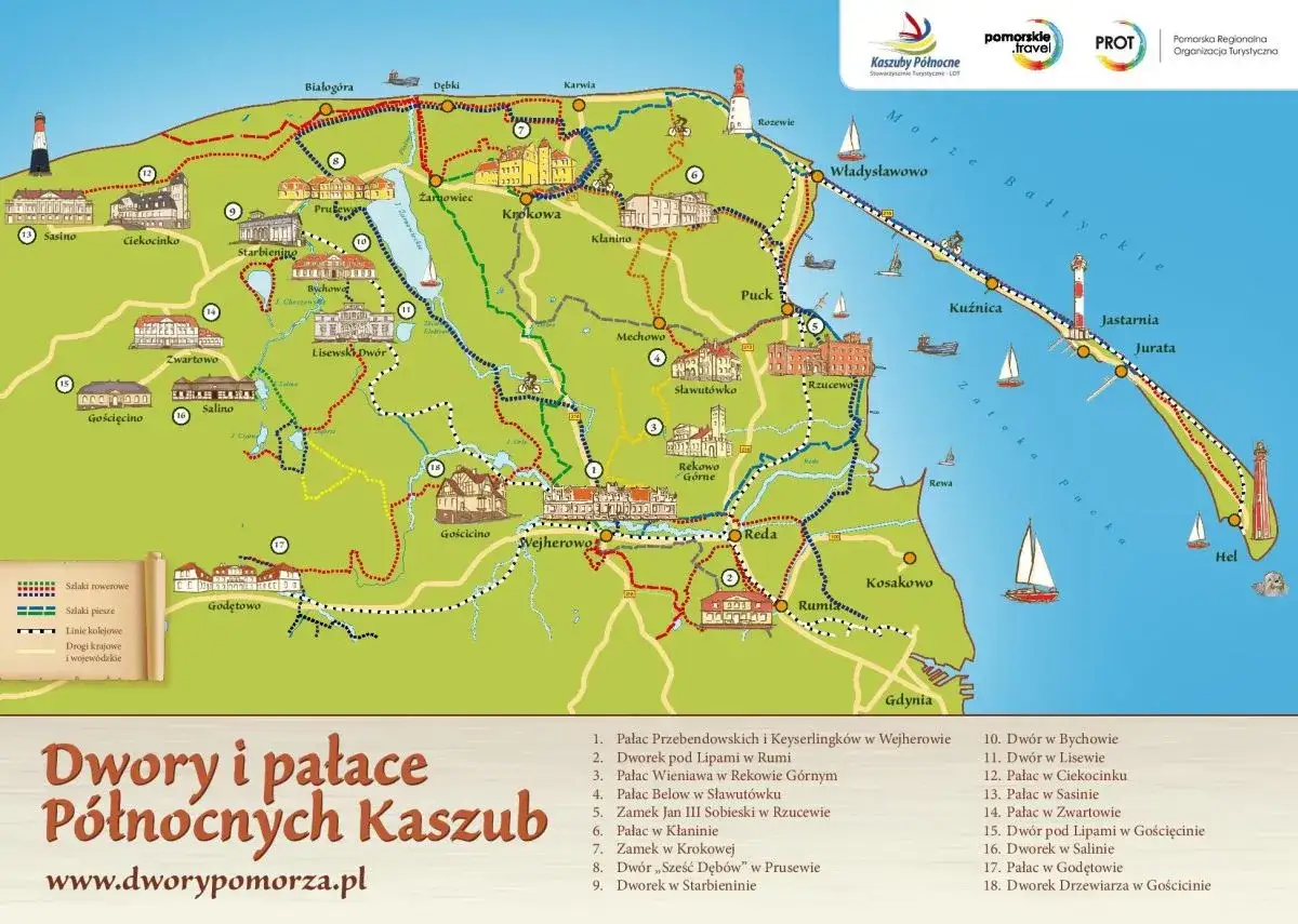 Mapa turystyczna prezentująca dwory i pałace na Kaszubach Północnych, z zaznaczonymi szlakami rowerowymi, pieszymi i kolejowymi.