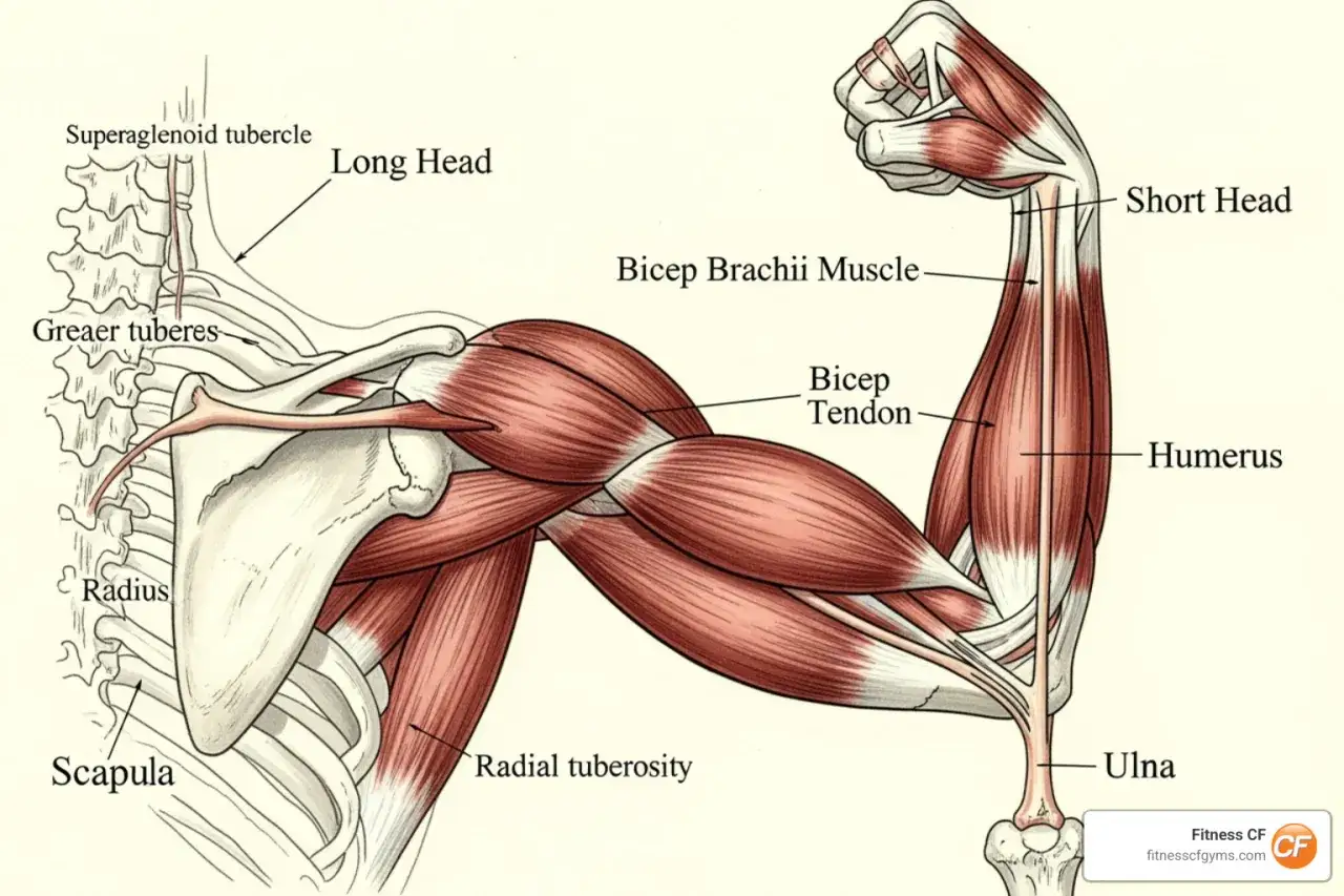 Anatomia bicepsa: mięsień dwugłowy ramienia, jego głowy (długa i kr&oacute;tka), ścięgno, kości (humerus, ulna, radius, scapula) i guzki.