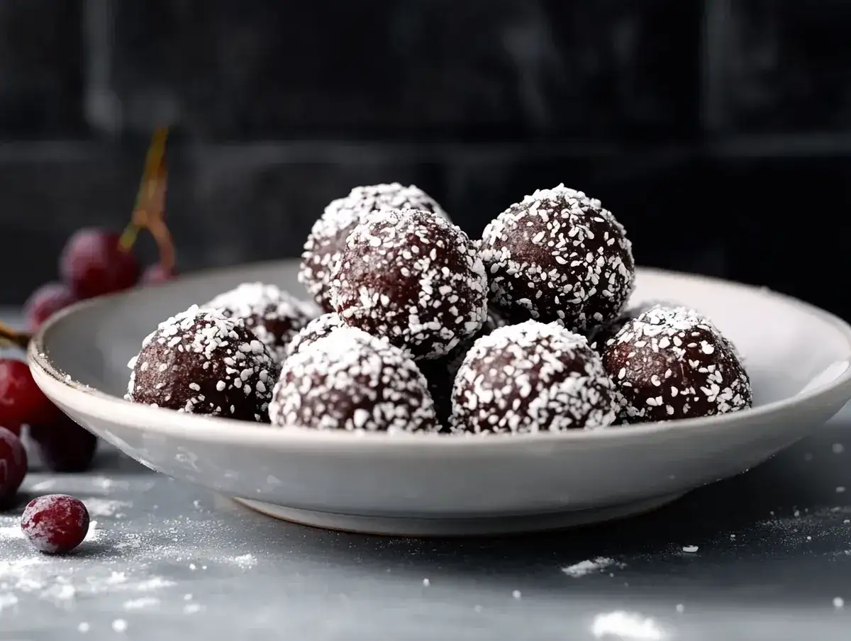 Chokladbollar, perfekta f&ouml;r att baka utan ugn. M&ouml;rka, runda godsaker t&auml;ckta med kokosflingor p&aring; en ljusgr&aring; tallrik.