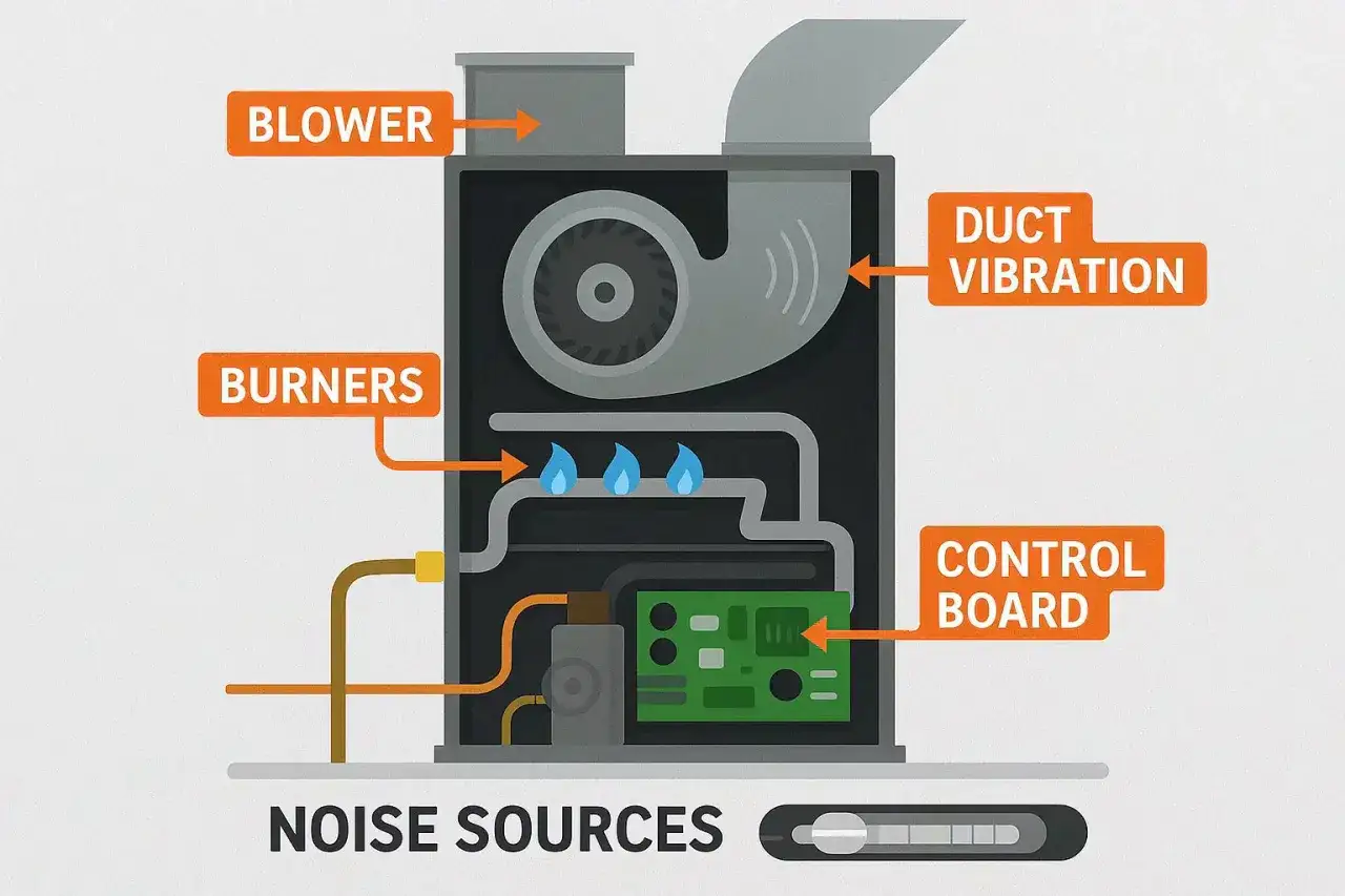 Diagrama de una caldera mostrando fuentes de ruido: soplador, quemadores, vibraci&oacute;n de conductos y placa de control.