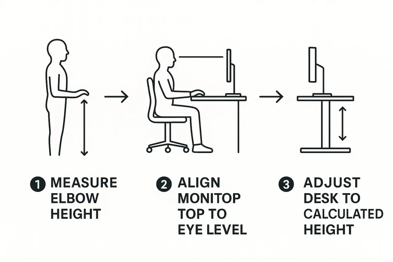 Diagram shows how to set the correct desk height: measure elbow height, align monitor to eye level, then adjust desk.