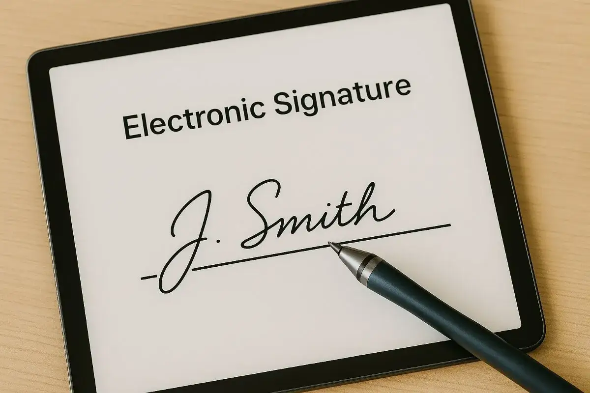 Podpis elektroniczny J. Smith na tablecie, gotowy do zatwierdzenia ważnych esprawozdań.
