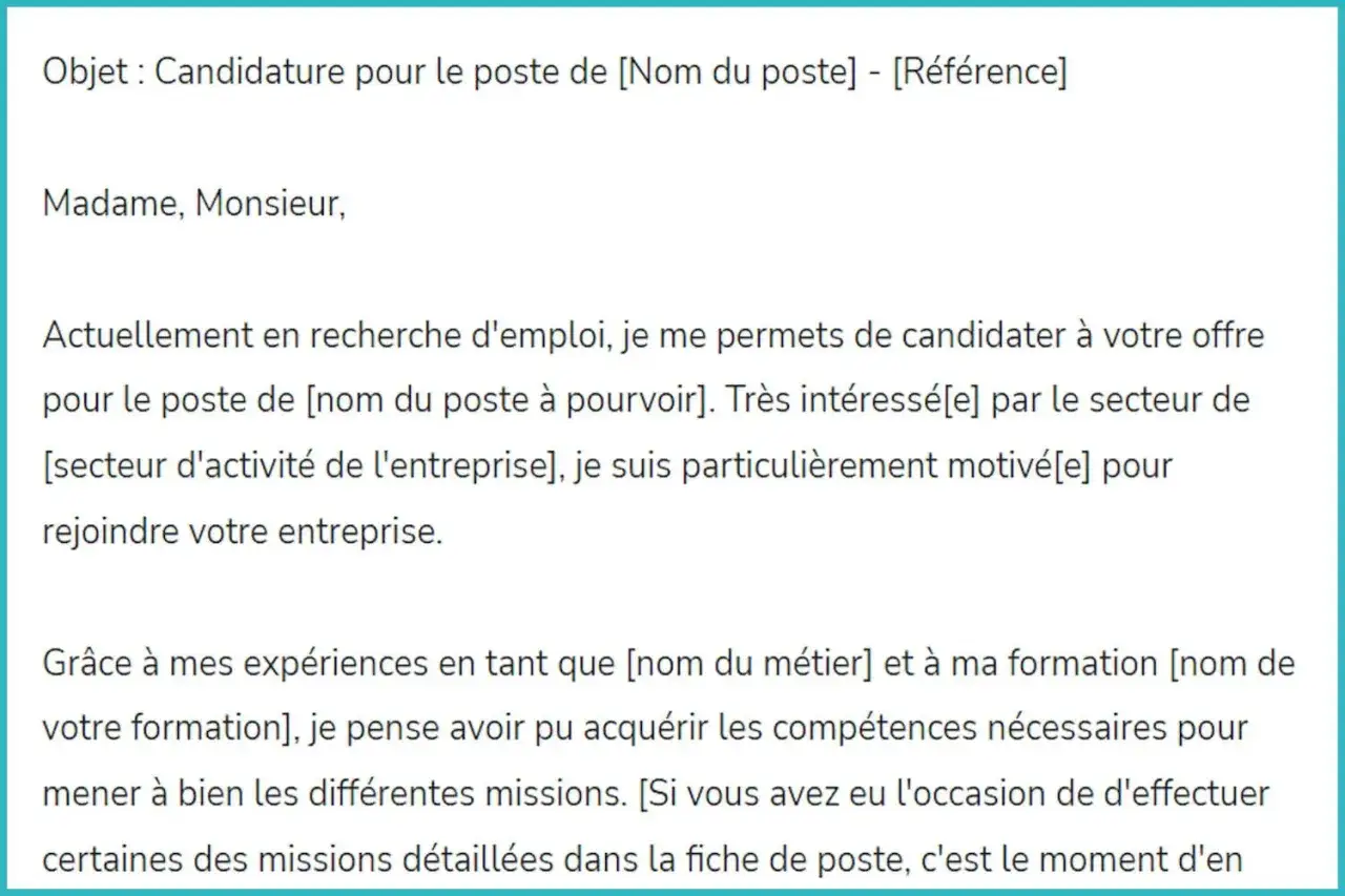Extrait d'une lettre de motivation pour une candidature de poste. Le texte mentionne l'objet, la salutation, l'intérêt pour le poste et l'entreprise, ainsi que les compétences acquises.
