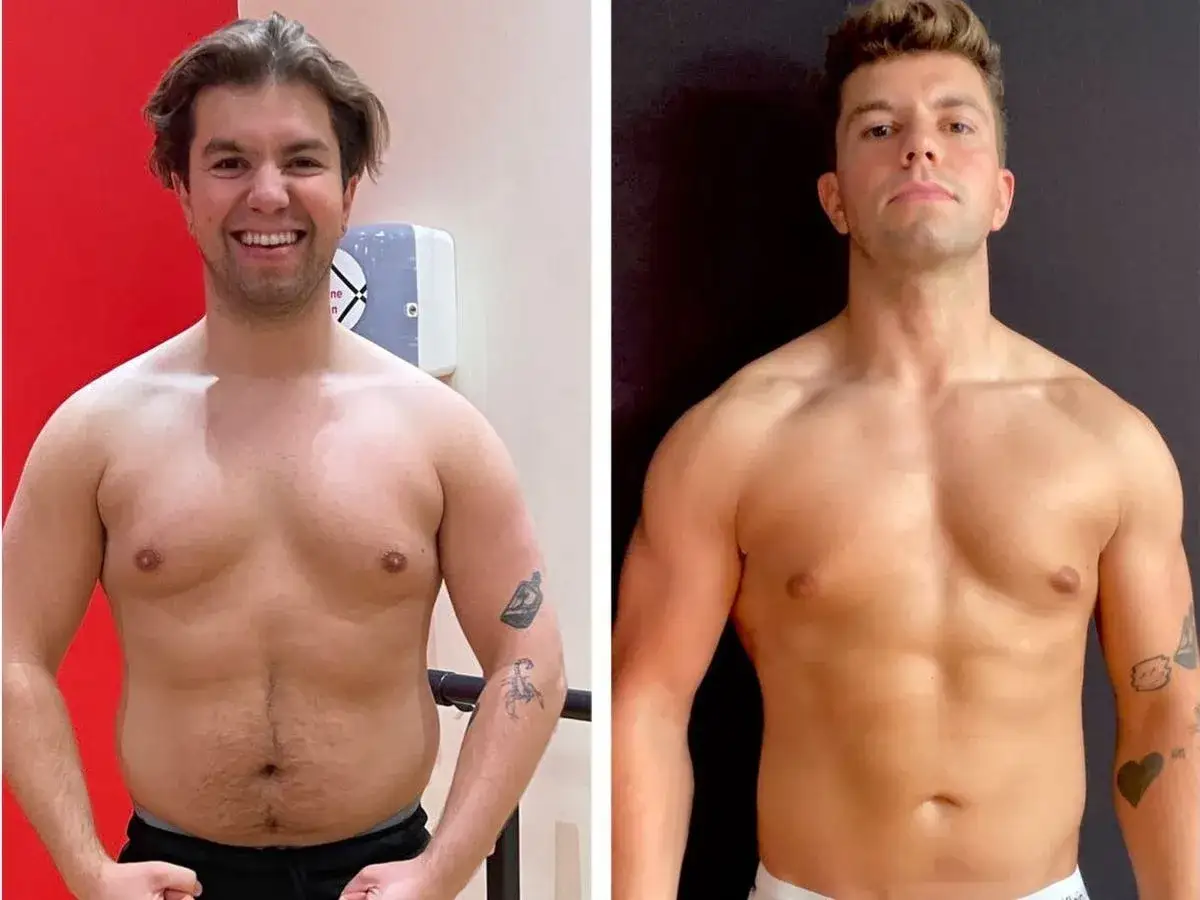 Vorher/Nachher-Vergleich: Ein Mann zeigt seine Transformation. Er beweist, dass man Fett in Muskeln umwandeln kann.