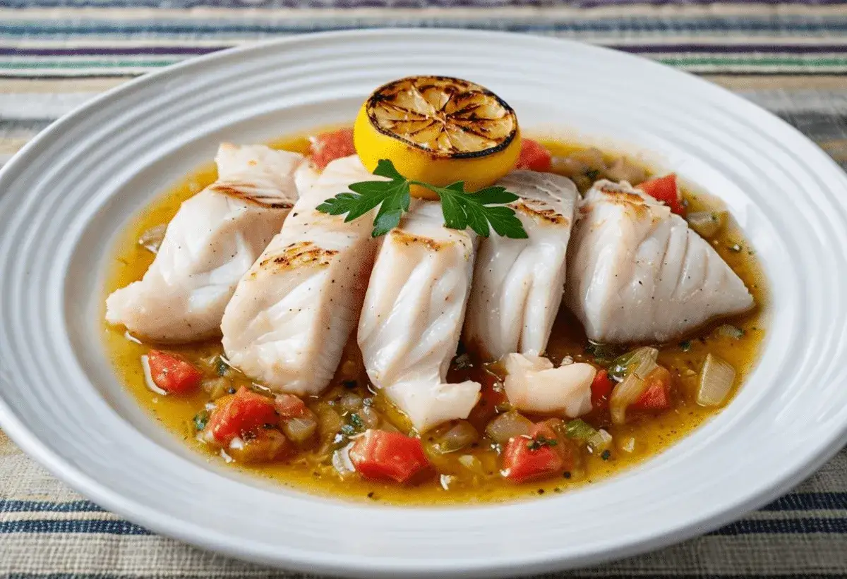 Filetes de pescado blanco con salsa de tomate y lim&oacute;n asado. &iexcl;Un pez ballesta se come as&iacute; de bien!