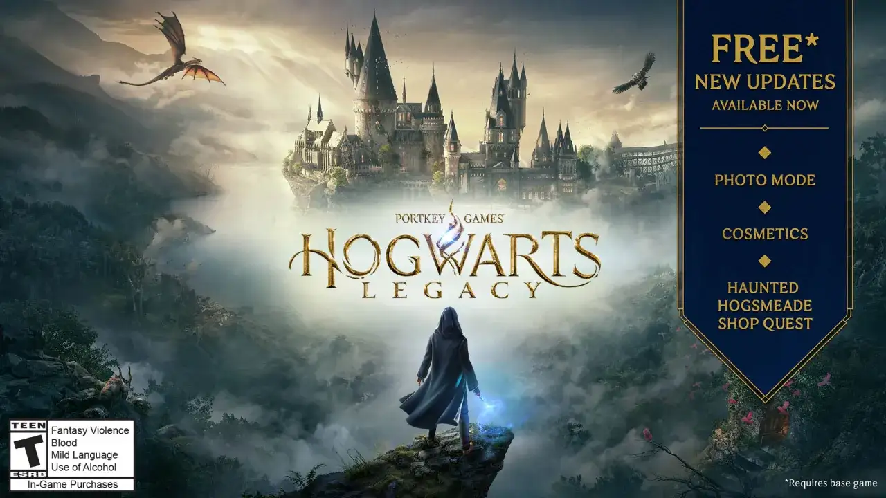 Magiczny zamek, smok i postać z różdżką. Zapowiedź darmowych aktualizacji do Hogwarts Legacy: tryb foto, kosmetyki i zadanie w Hogsmeade.
