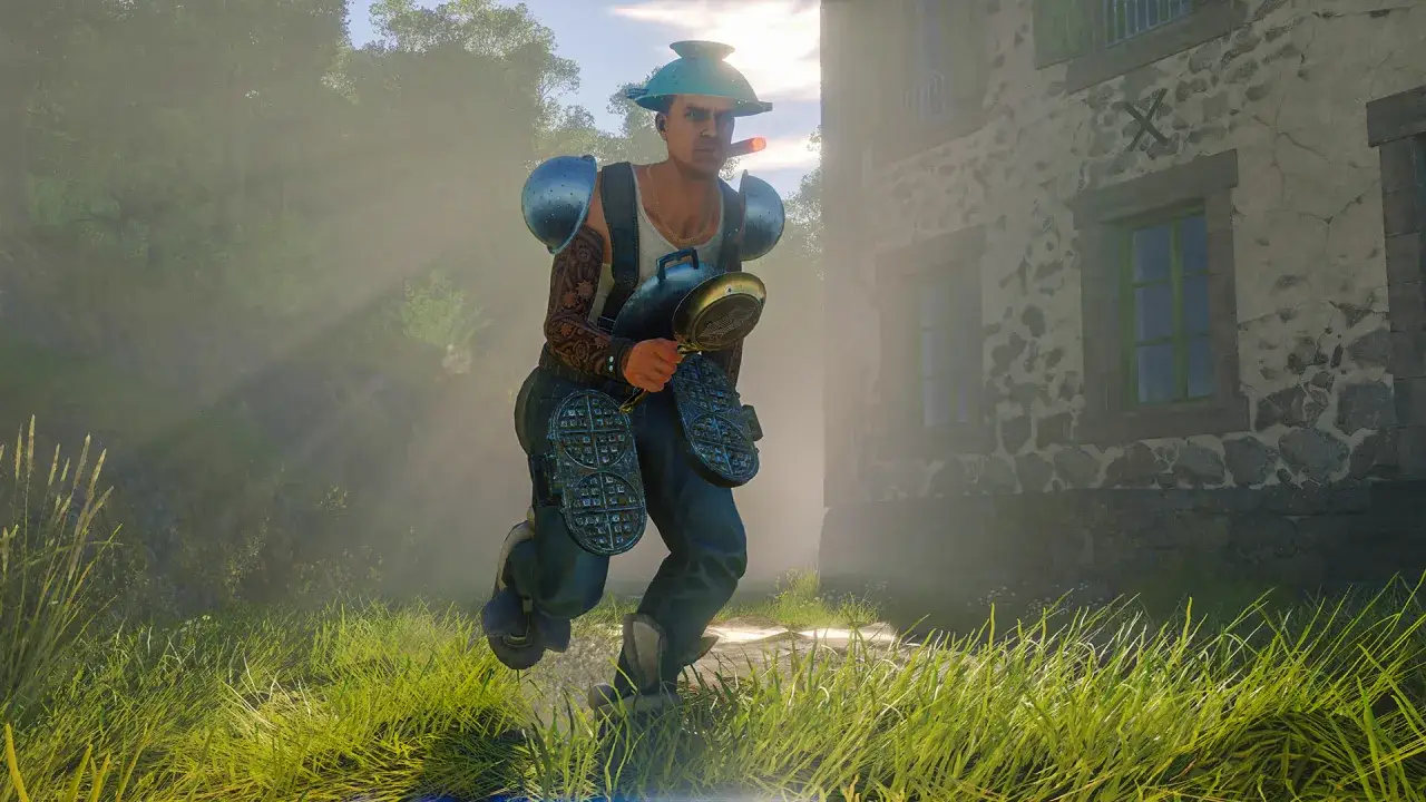 Bohater w nietypowym stroju, z patelnią i gofrownicami, biegnie przez trawę. To scena z gry Cuisine Royale.