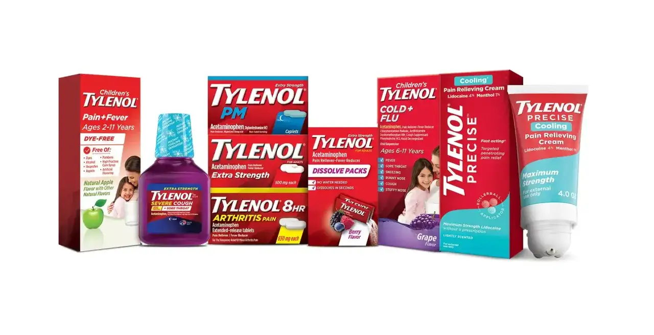 Här finns Tylenolprodukter som lindrar smärta och feber, inklusive barnprodukter och en smärtlindrande kräm. Vissa innehåller aspirin alvedon.