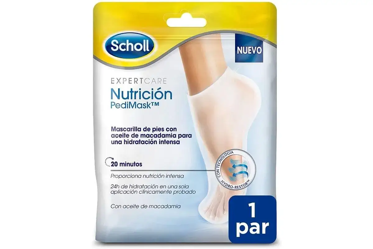 Mascarilla Scholl PediMask para hidratar pies secos y con heridas en el talón del pie. Nutrición intensa con aceite de macadamia.