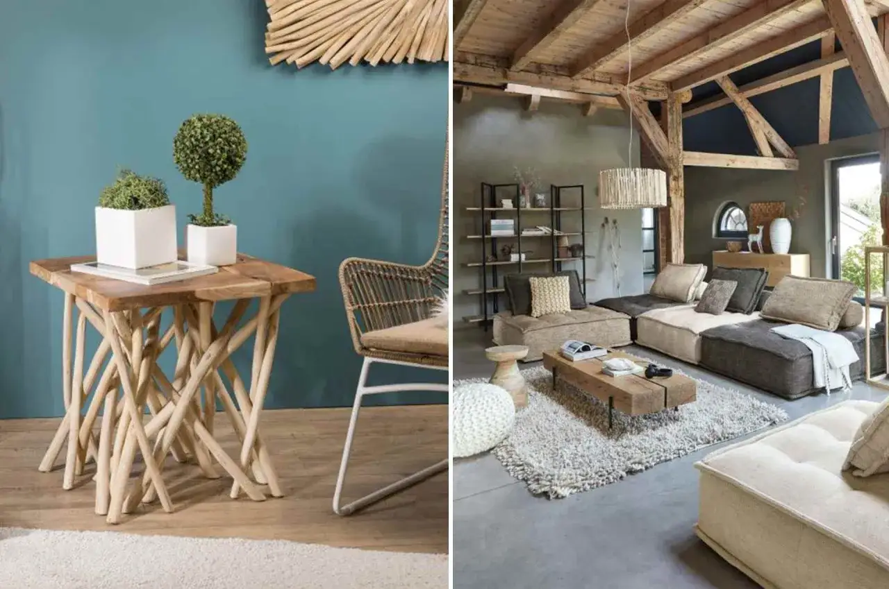 Une table d'appoint et un salon cosy, inspir&eacute;s par l'id&eacute;e bois flott&eacute;, avec des meubles en bois brut et des textures naturelles.