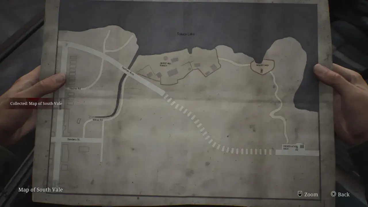 Mapa South Vale z Silent Hill 2. Pokazuje jezioro Toluca, ranczo, cmentarz i molo. Pomoc w grze.
