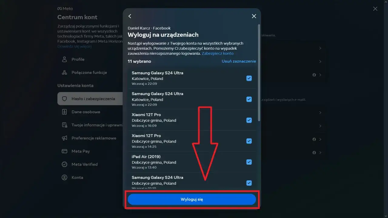 Nie mogę wylogować się z Facebooka? Na ekranie widać listę urządzeń, z których można się wylogować, oraz przycisk 