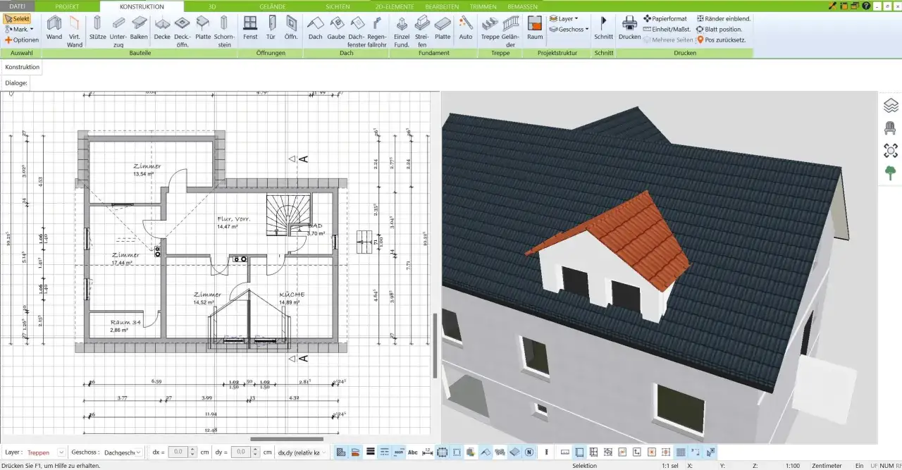 Grundriss Dachgeschoss mit Räumen und Maßen, daneben 3D-Ansicht des Hauses mit Dach.