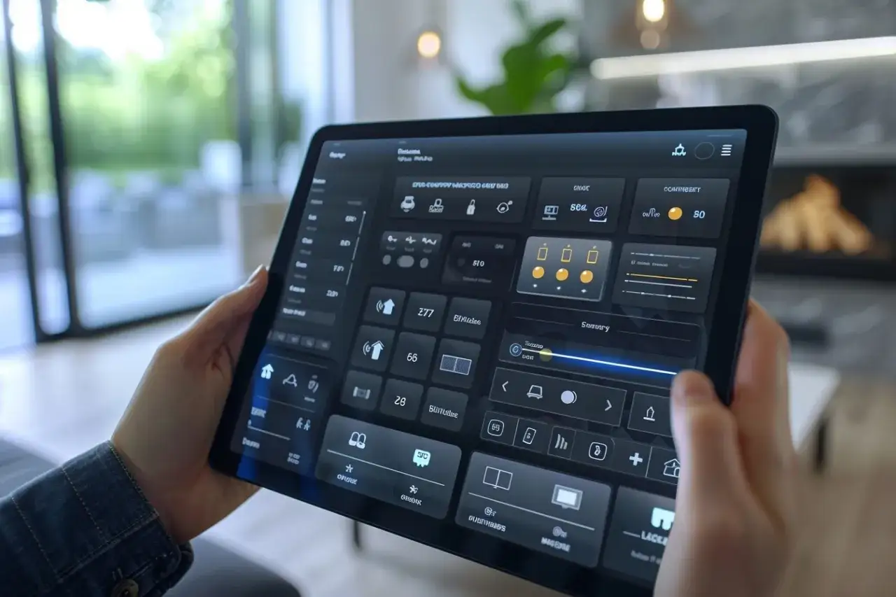 Une personne utilise une tablette pour contrôler sa maison connectée. L'interface affiche des icônes pour la lumière, la sécurité et d'autres appareils. Un bon avis sur SmartThings est essentiel pour une telle configuration.