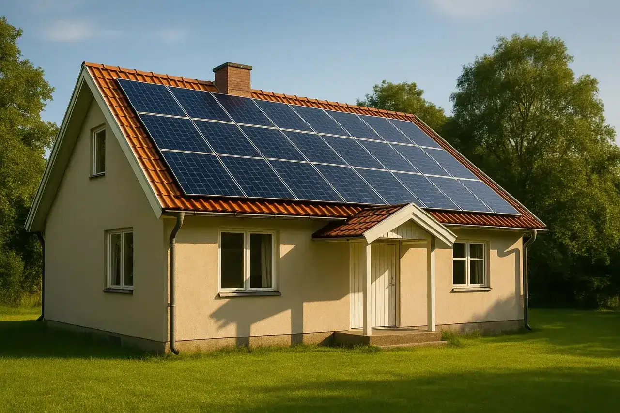Ett hus med solceller 5kw p&aring; taket, redo att generera gr&ouml;n energi.