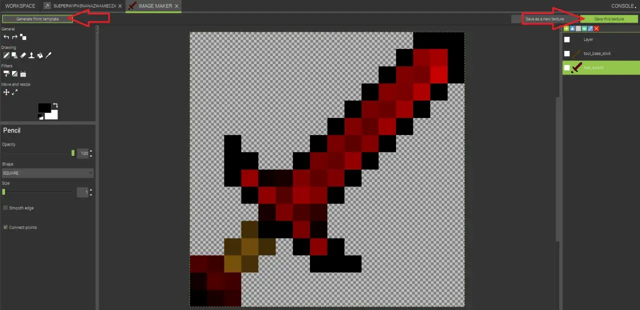Tworzenie własnego moda do Minecrafta zaczyna się od edycji tekstur, jak ta czerwona rękojeść miecza.